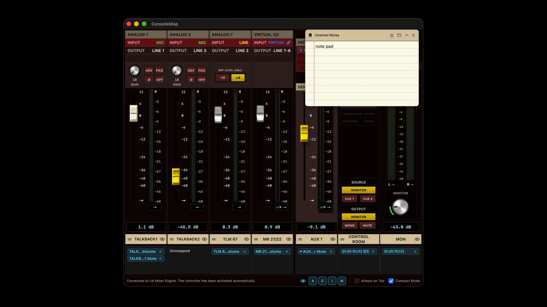 ConsoleMap in Compact Mode with a channel note open.